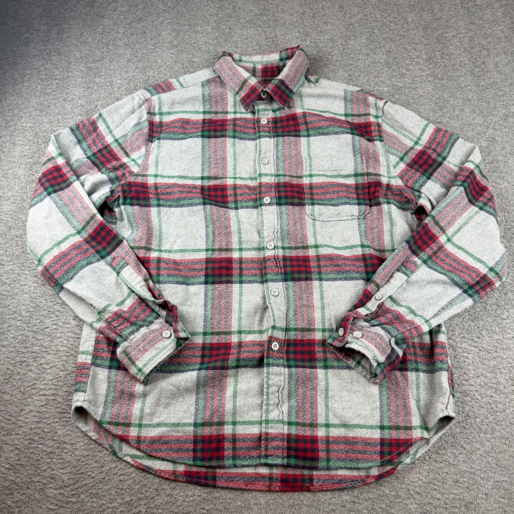Merona Flannel Shirt Men's XL Gray Red Green Plaid Long Sleeve Button Down
